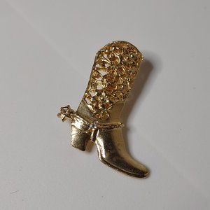 Cute Gold Tone Cowgirl Boot With Spur Brooch